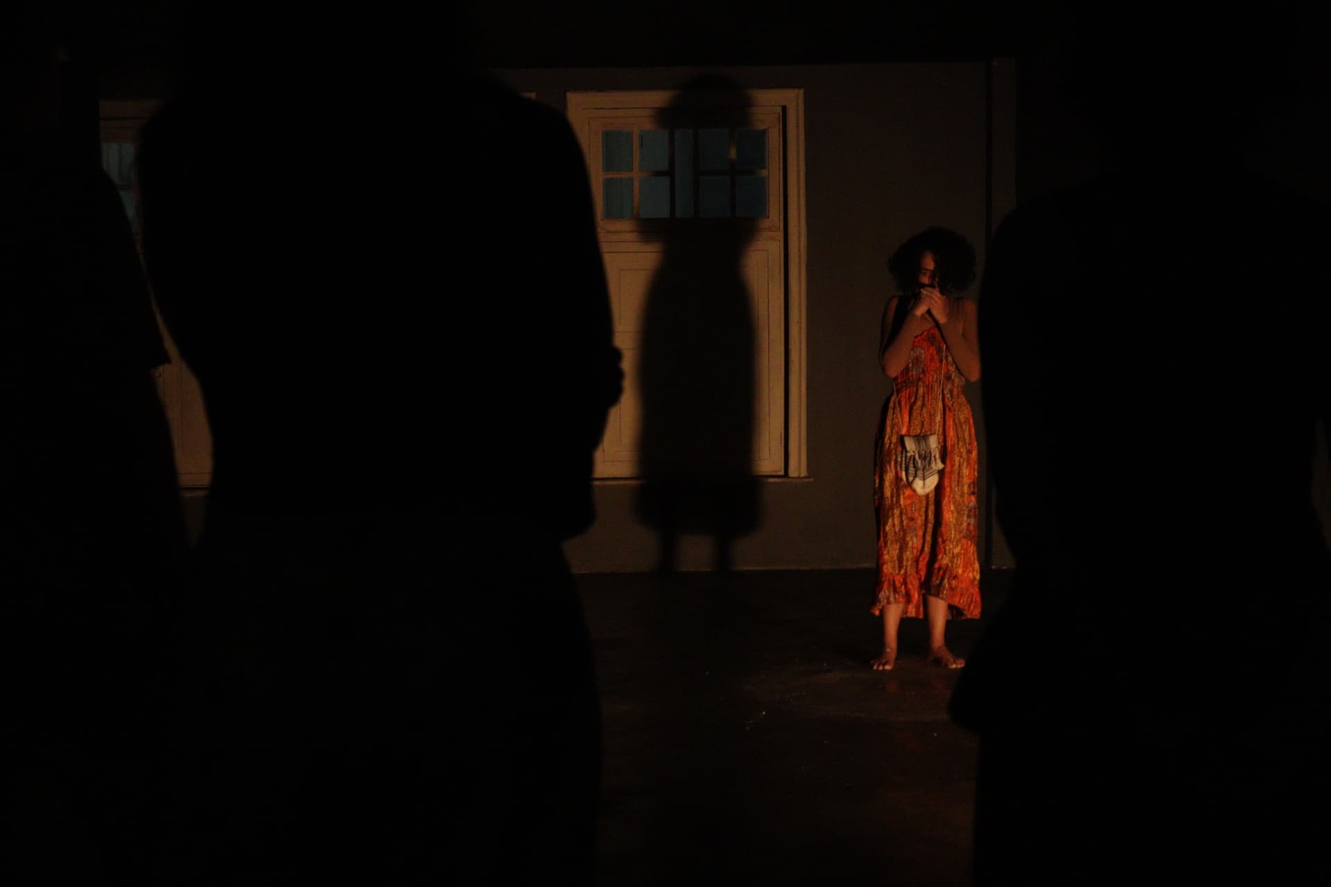 Atriz em pé no facho de luz projetando sombra na parede